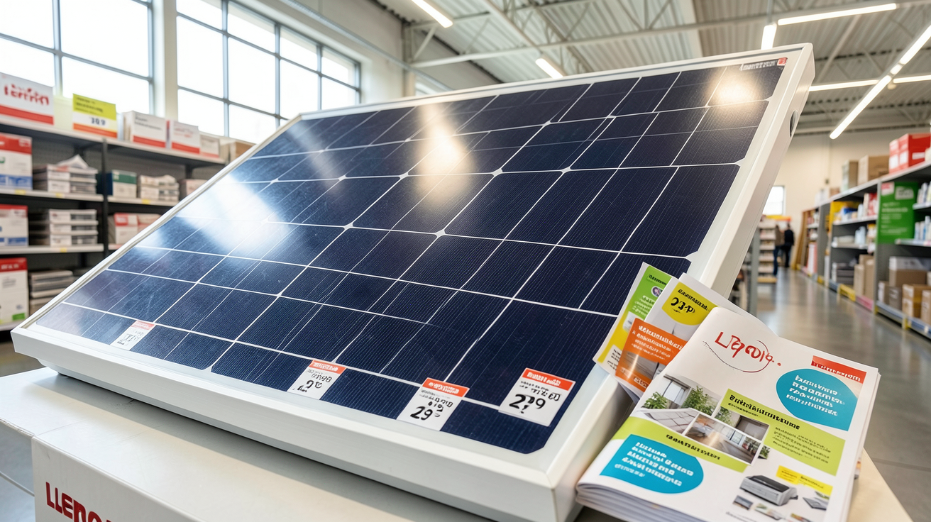 panneau solaire chez Leroy Merlin affichant les prix et les informations sur les aides financières disponibles