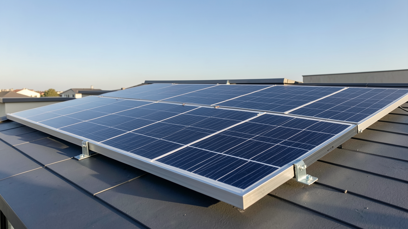 panneau solaire chinois de qualité posé sur un toit moderne, vue détaillée des cellules photovoltaïques