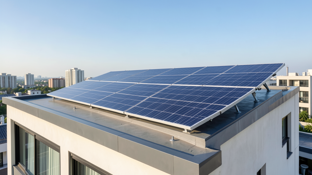 panneau solaire chinois installé sur le toit d'une maison urbaine moderne