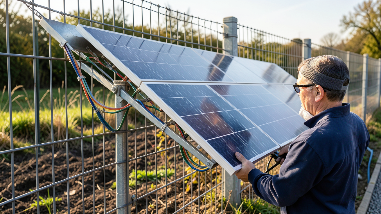 panneau solaire intégré à une clôture électrique lors d'un entretien saisonnier