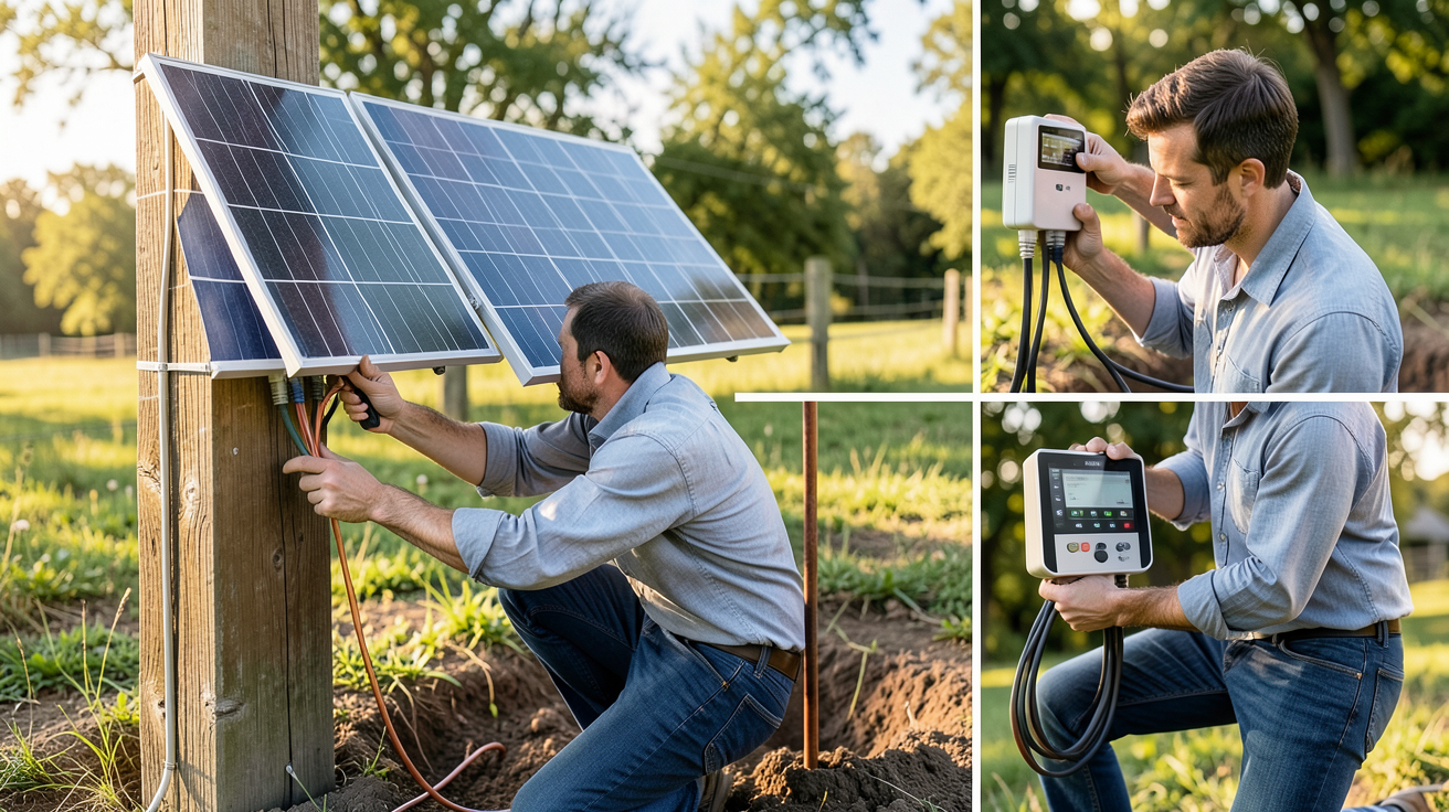 panneau solaire pour clôture électrique lors des étapes d'installation détaillée : fixation, câblage, mise à la terre et réglage