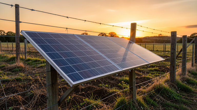 panneau solaire intégré à une clôture électrique dans une ferme rurale au coucher du soleil
