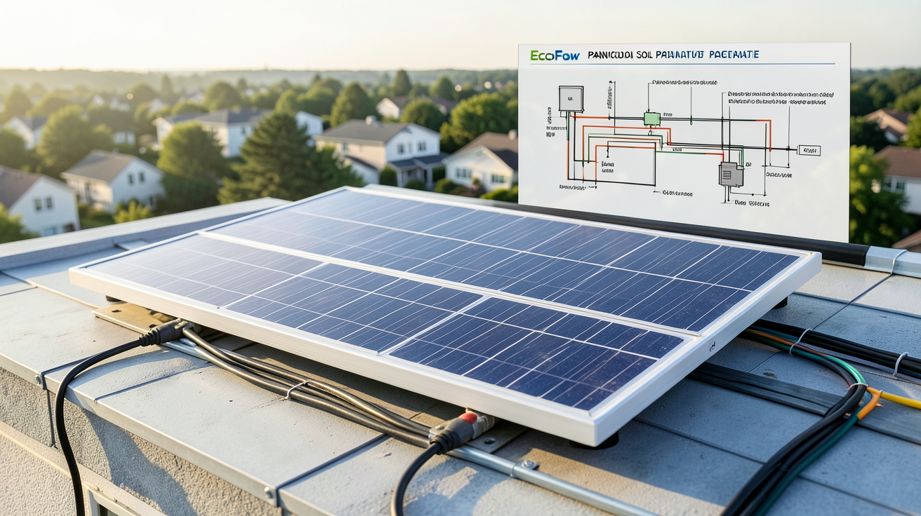 panneau solaire compatible EcoFlow avec schéma de branchement détaillé sur un toit résidentiel