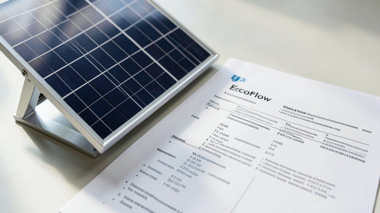 panneau solaire compatible EcoFlow posé sur un support avec tableau comparatif des caractéristiques techniques