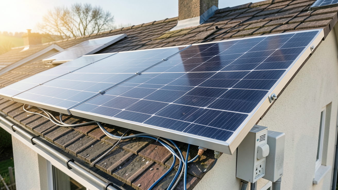 panneau solaire consommation directe installé sur un toit de maison avec onduleur et tableau électrique