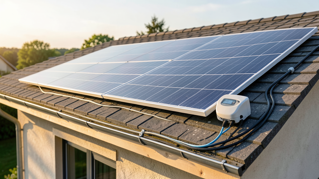 panneau solaire consommation directe installé sur le toit d'une maison avec système de production électrique visible