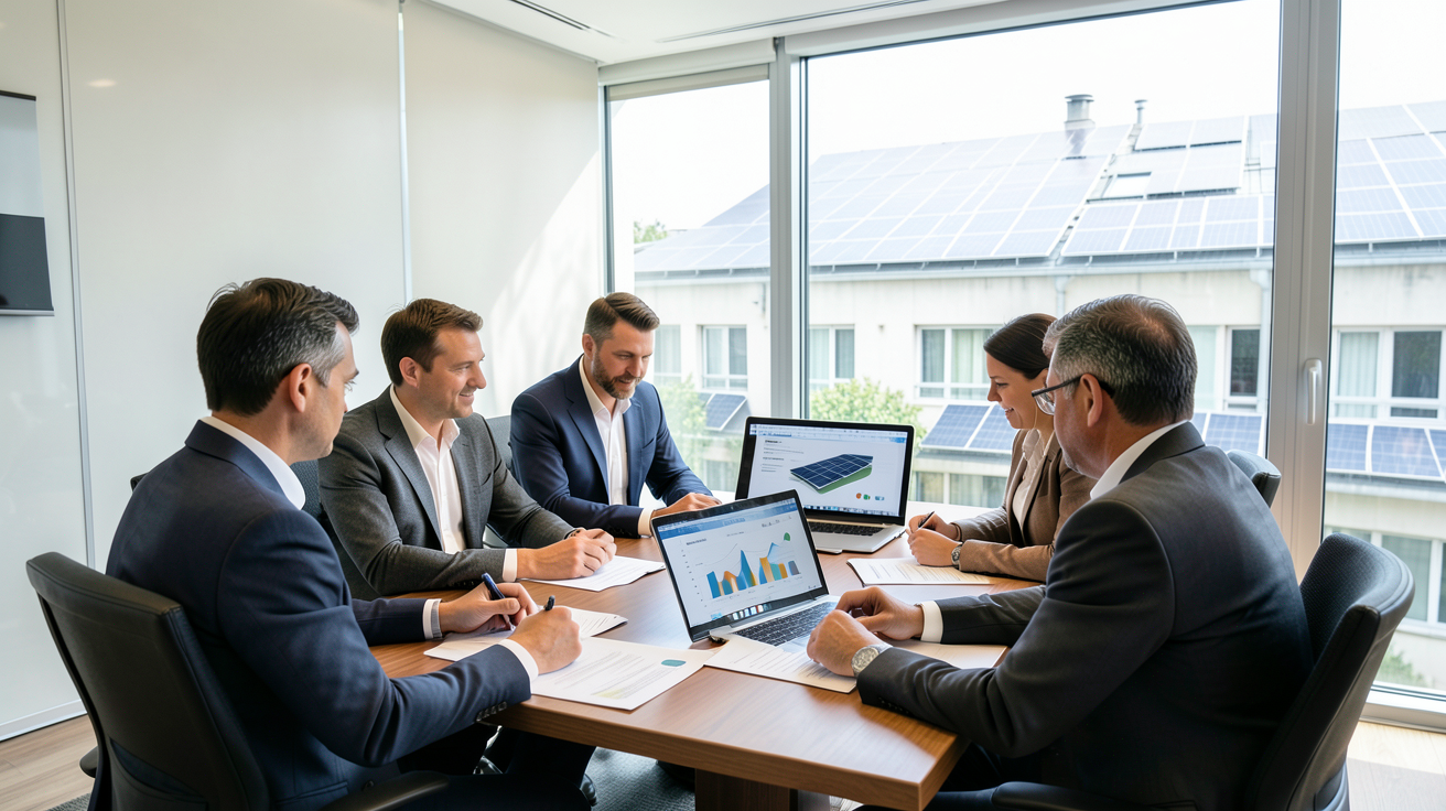 panneau solaire copropriété réunion de copropriétaires observant un immeuble avec panneaux solaires et consultant les 4 modèles économiques possibles