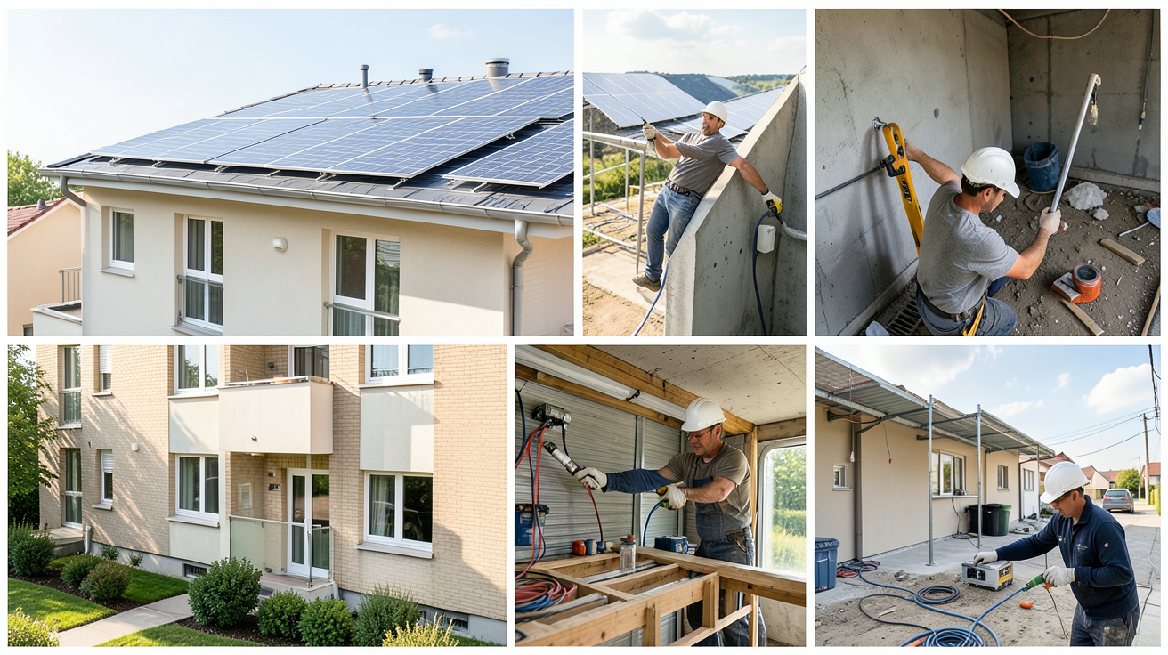 panneau solaire copropriété installé sur le toit d'un immeuble, illustrant les étapes clés du projet, de l'étude de faisabilité à la mise en service