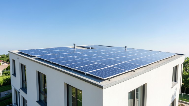 panneau solaire copropriété installé sur le toit d'un immeuble résidentiel moderne