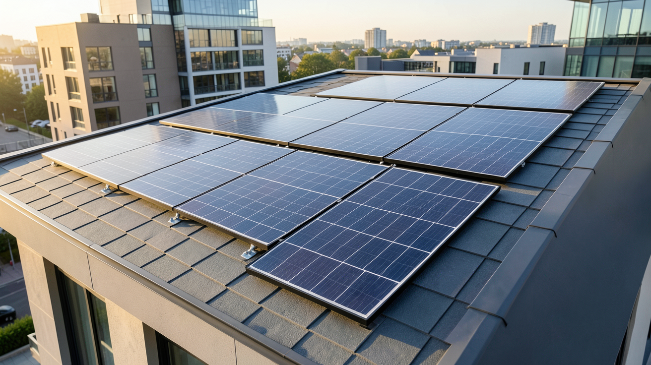 panneau solaire couleur tuile intégré sur un toit de maison urbaine moderne