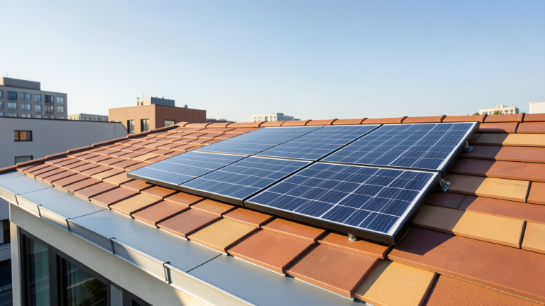 panneau solaire couleur tuile parfaitement intégré à une toiture urbaine moderne