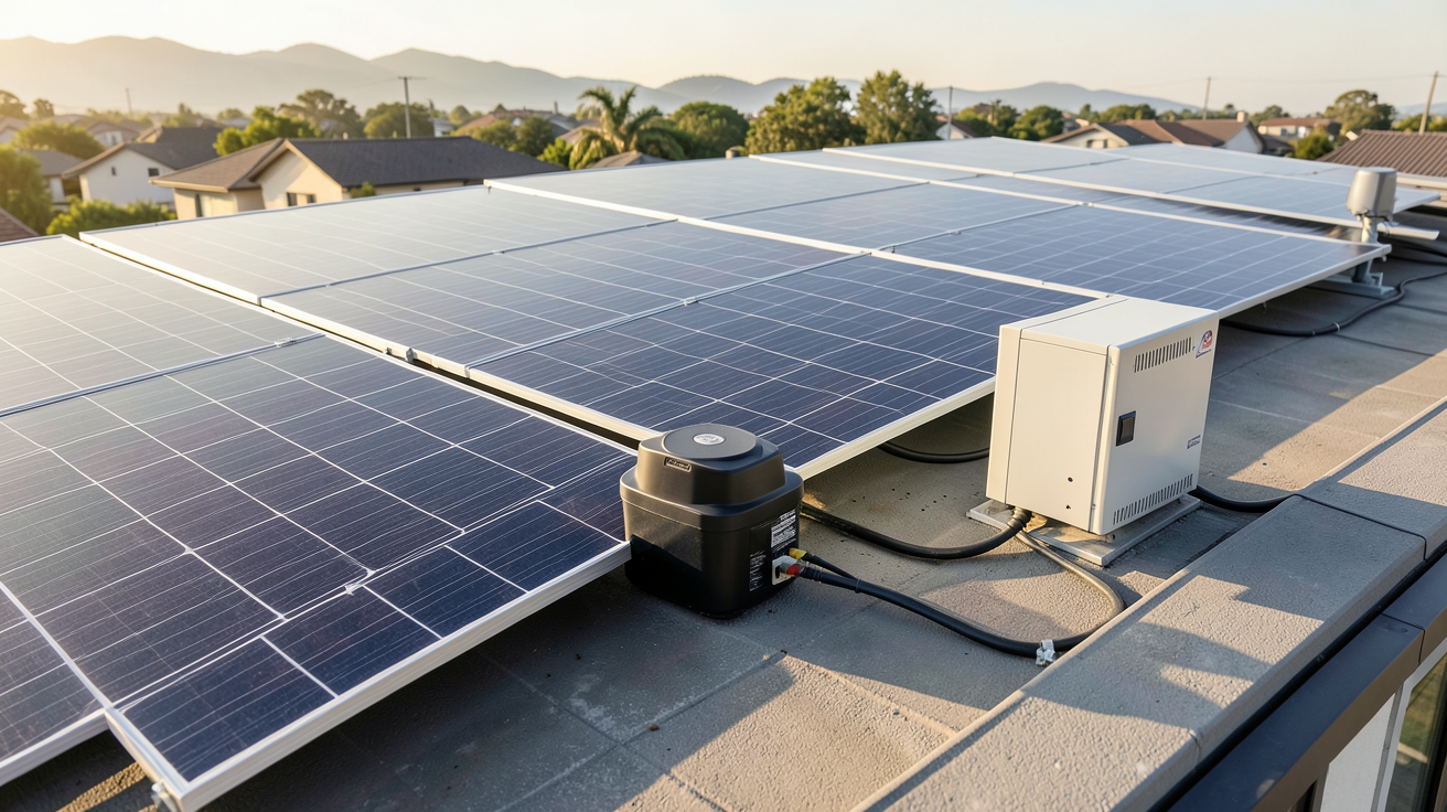 panneau solaire coupure de courant : installation résiliente avec onduleur hybride et batterie de stockage sur un toit