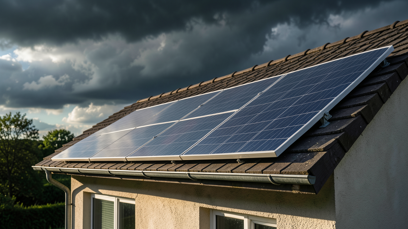 panneau solaire installé sur le toit d'une maison individuelle lors d'une tempête, permettant de conserver l'électricité