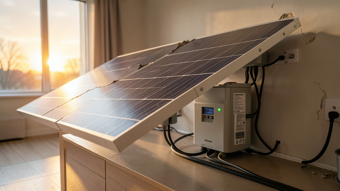 panneau solaire coupure de courant : système de panneaux solaires connecté à une batterie de secours en fonctionnement pendant une coupure électrique