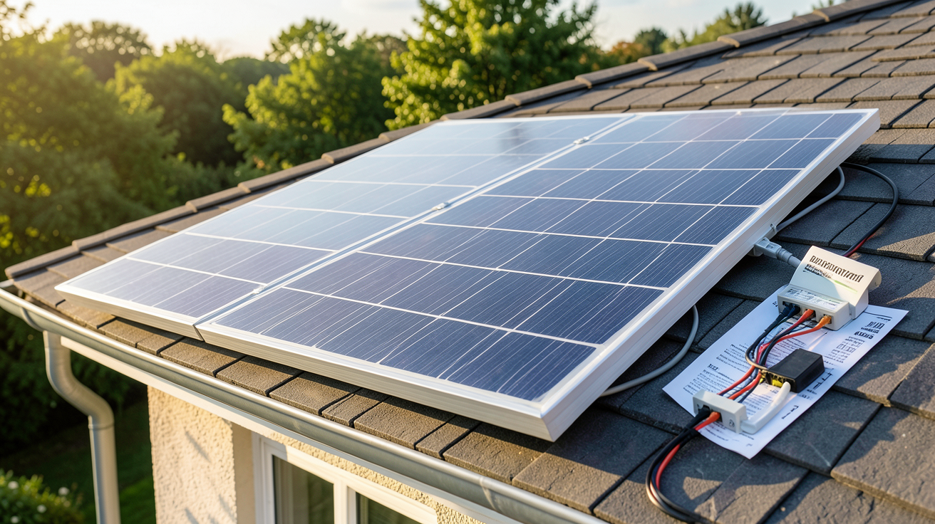 panneau solaire d'appoint installé sur un toit avec un guide d'installation pas à pas à côté
