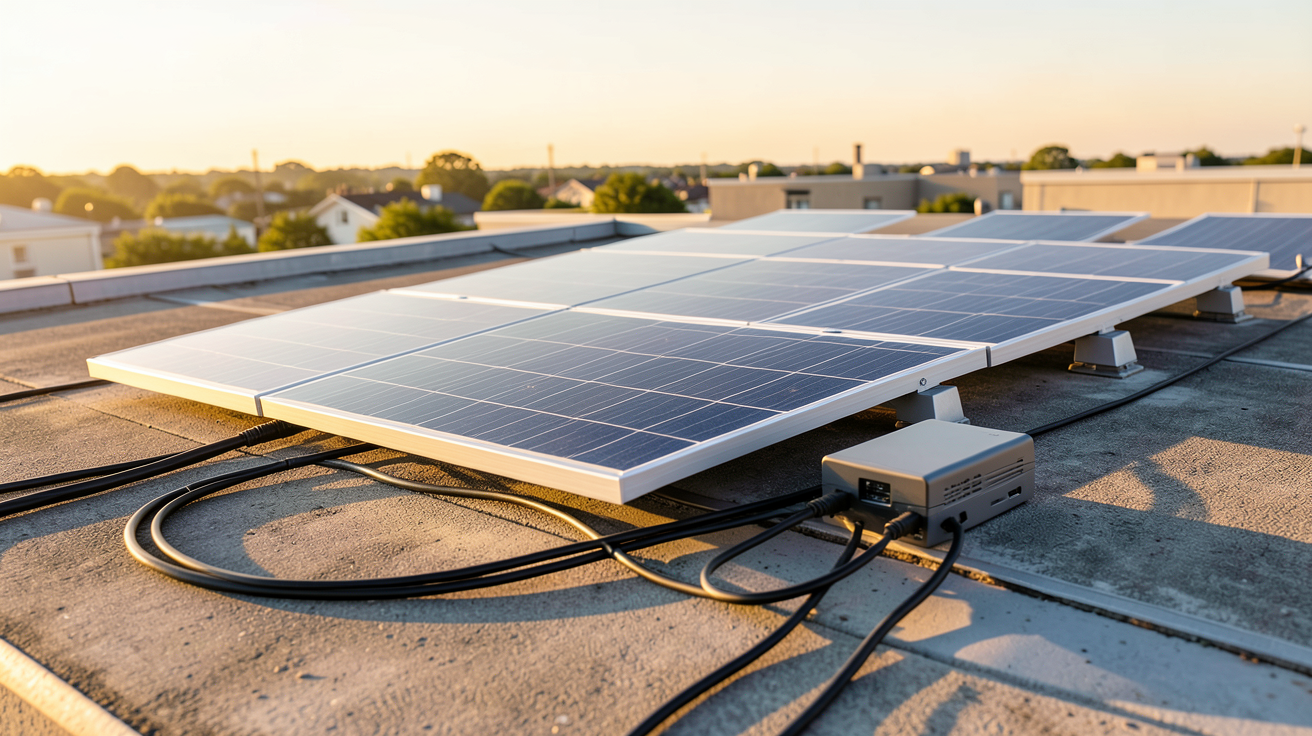 panneau solaire d'appoint plug & play installé sur un toit plat avec onduleur compact