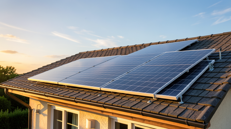 panneau solaire d'appoint installé sur le toit d'une maison en été avec une lumière dorée du coucher de soleil