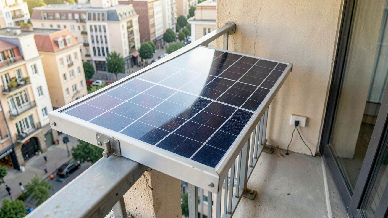 panneau solaire de balcon installé sur une rambarde d'immeuble en ville avec vue sur des bâtiments urbains