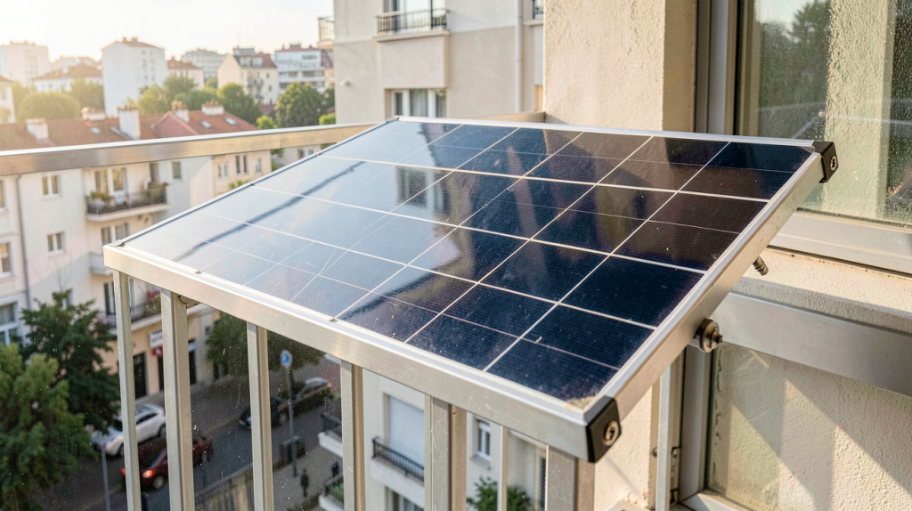 panneau solaire de balcon installé sur une rambarde en aluminium d'un appartement en ville