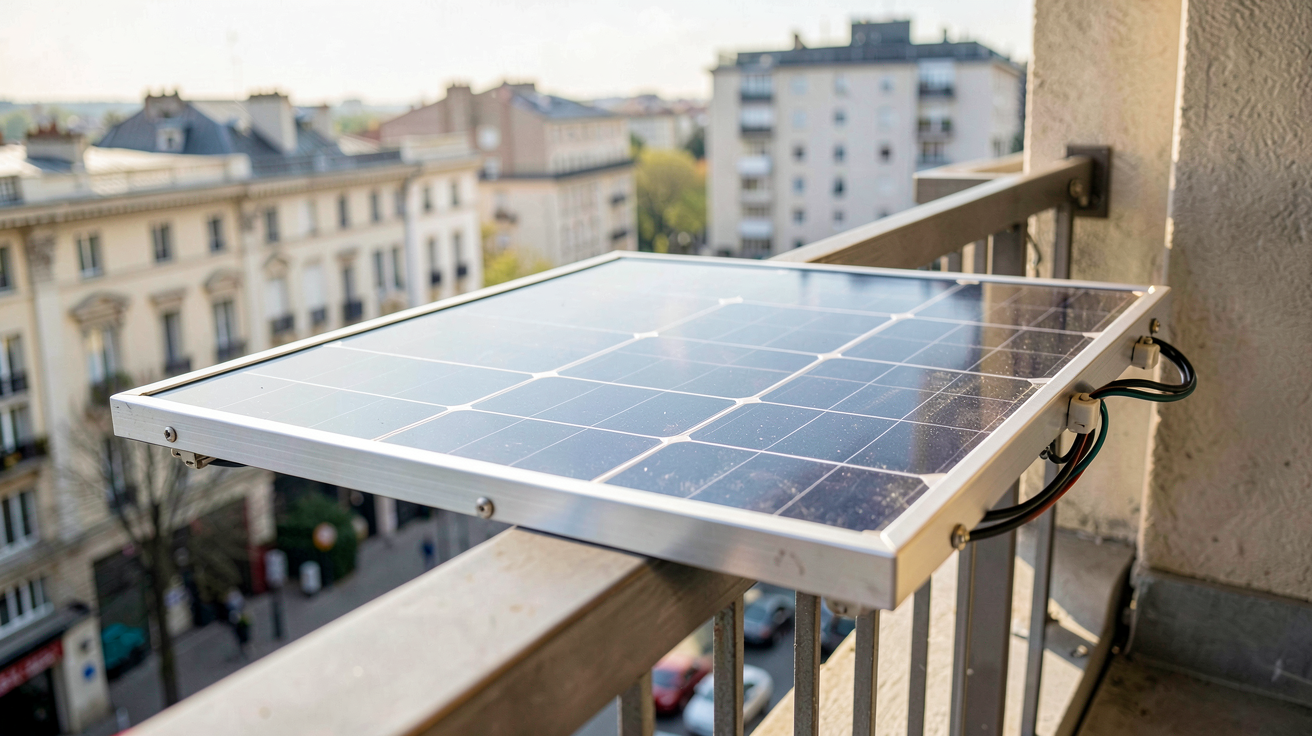panneau solaire de balcon installé sur une rambarde de balcon en milieu urbain moderne