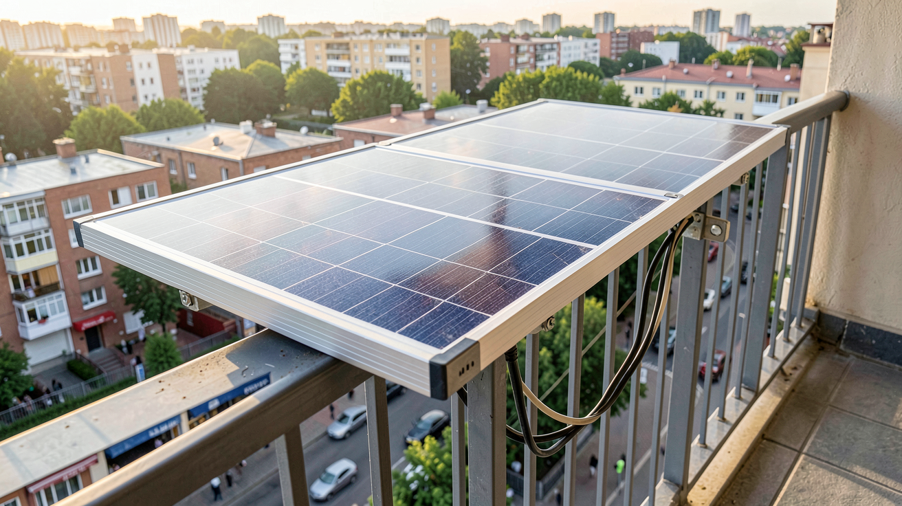 panneau solaire de balcon installé sur une rambarde urbaine pour une étude de rentabilité énergétique
