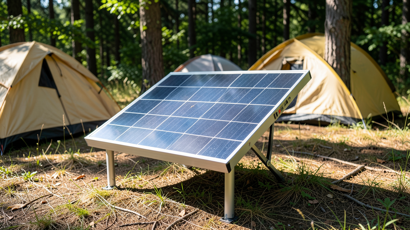 panneau solaire de camping installé sur un support au milieu d'un terrain de camping verdoyant