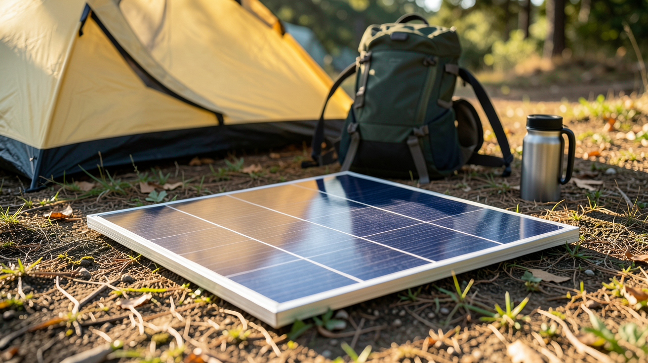 panneau solaire de camping installé sur le sol d'un campement, montrant clairement les cellules photovoltaïques sous la lumière naturelle, idéal pour choisir le meilleur modèle.