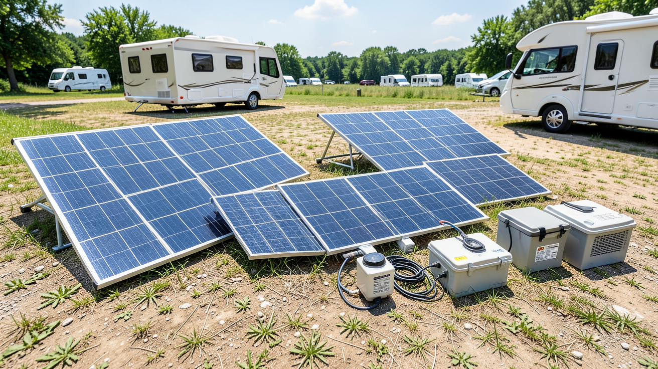 panneau solaire de camping top 5 des kits solaires pour camping-car présentés sur un site de camping, avec panneaux photovoltaïques, contrôleur de charge et batterie, éclairage naturel