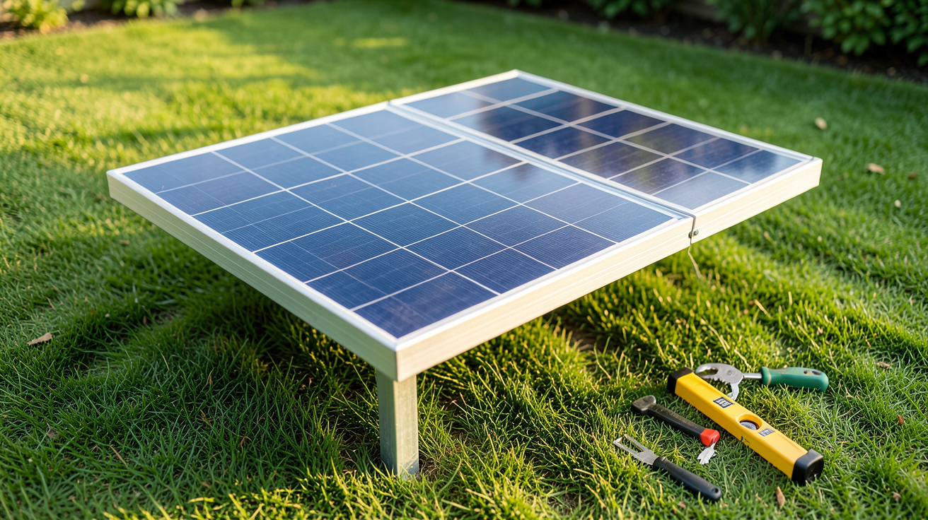 panneau solaire de jardin installé sur un support métallique dans un jardin ensoleillé