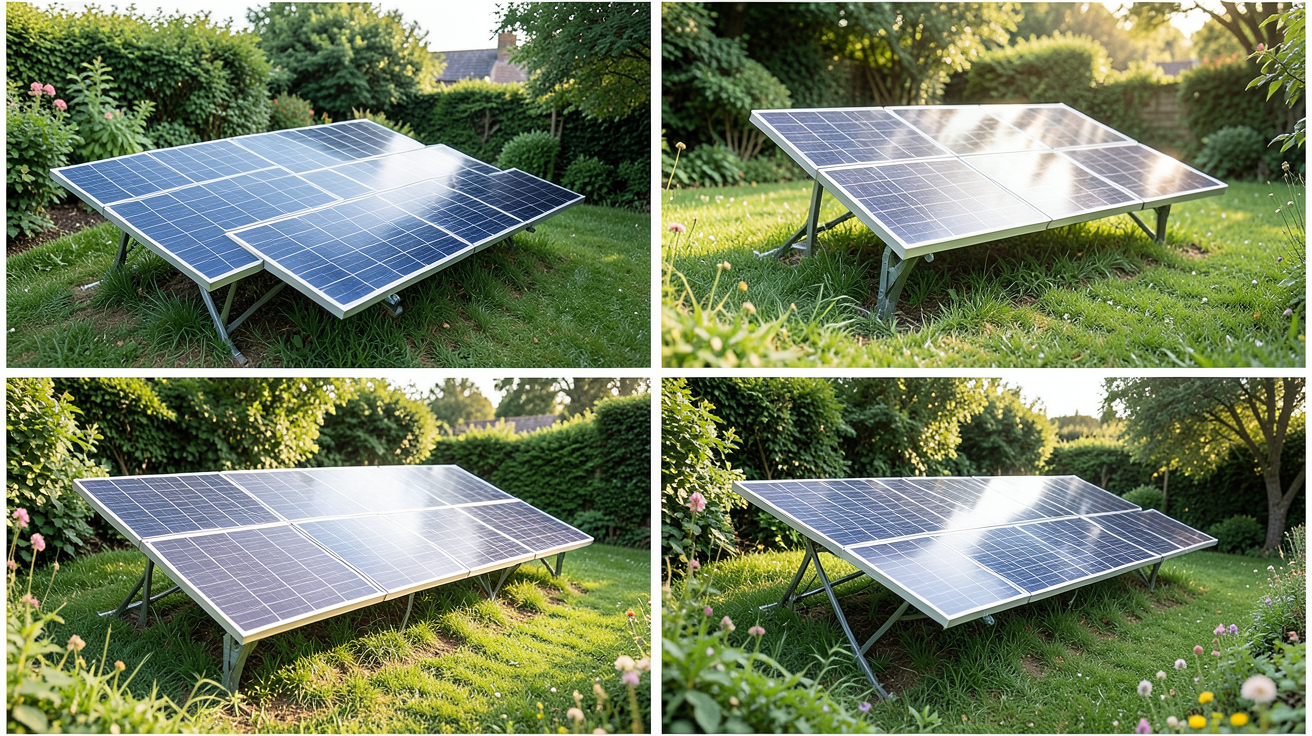 panneau solaire de jardin installé dans un espace vert avec plusieurs configurations visibles