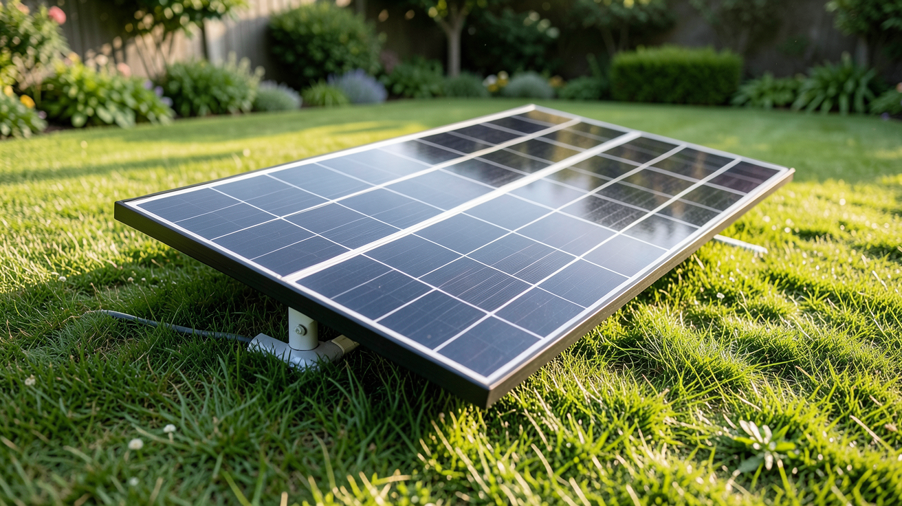 panneau solaire de jardin kit plug and play installé dans un jardin ensoleillé