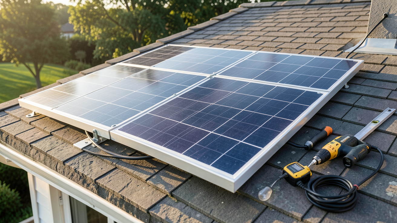 panneau solaire Decathlon installé sur le toit d'une maison avec outils de bricolage pour l'installation