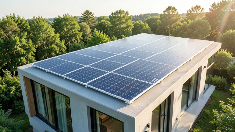 panneau solaire Decathlon installé sur le toit d'une maison écologique moderne