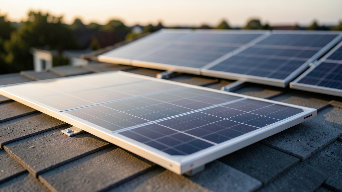 panneau solaire demi-cellule installé sur un toit résidentiel avec un panneau traditionnel en arrière-plan