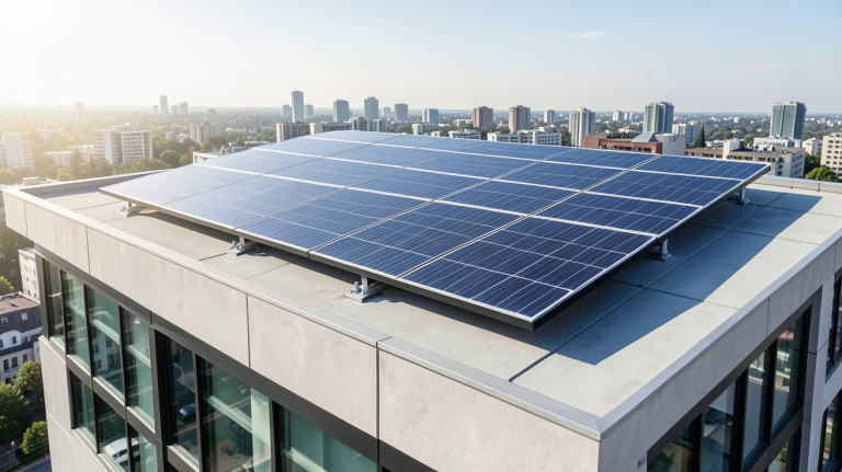 panneau solaire dernière génération 2022 installé sur le toit d'un bâtiment moderne