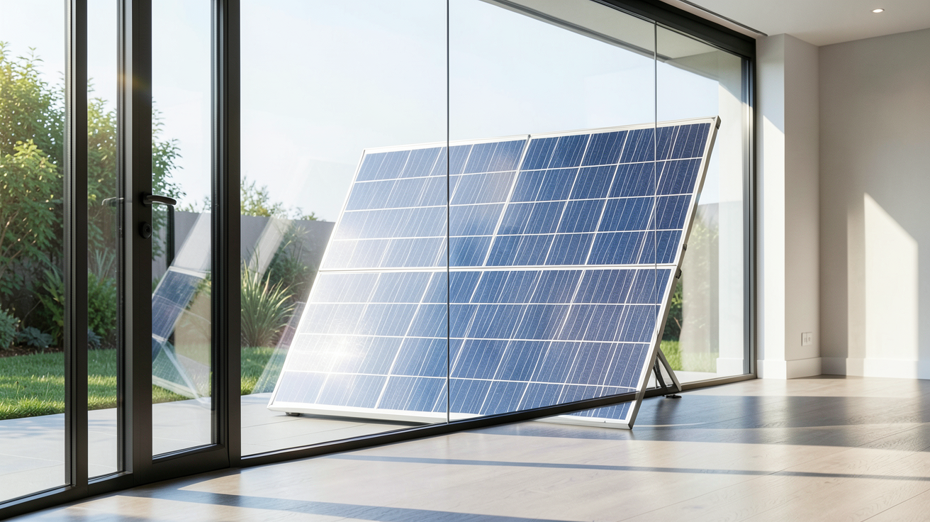 panneau solaire derrière vitre installé dans une maison contemporaine avec lumière naturelle traversant la baie vitrée