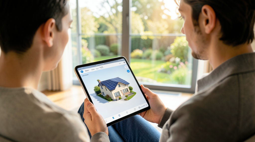 panneau solaire devis en ligne en cours de simulation sur une tablette dans un salon moderne