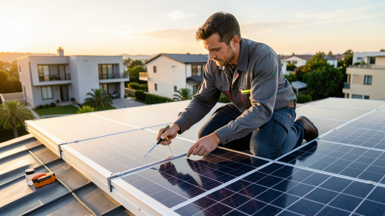 panneau solaire devis prise de mesures par un professionnel sur un toit résidentiel