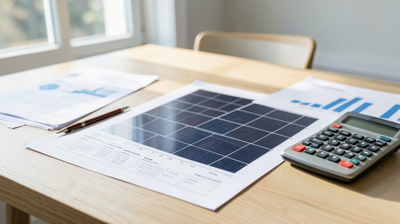 panneau solaire devis Prime Énergie Rénovation : document détaillé avec calculatrice et stylo sur une table en bois