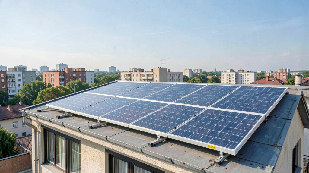 panneau solaire discount installé sur le toit d'une maison urbaine