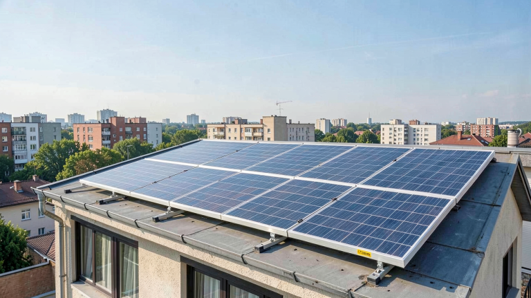 panneau solaire discount installé sur le toit d'une maison urbaine