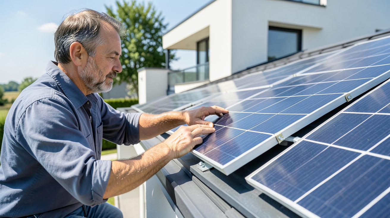 panneau solaire domestique en cours d'installation sur le toit d'une habitation moderne