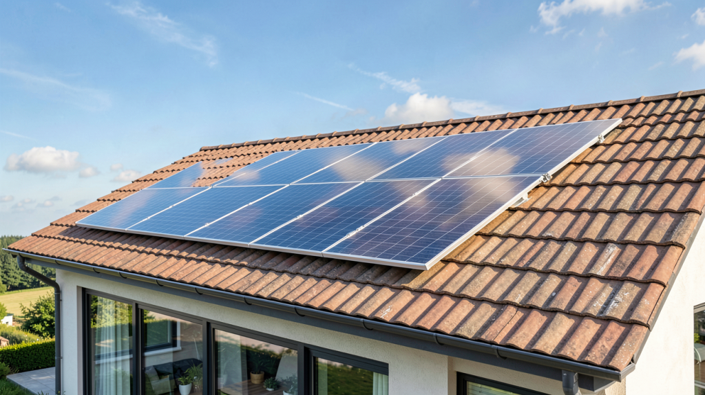 panneau solaire dualsun 375w installé sur la toiture d'une maison moderne sous un ciel dégagé