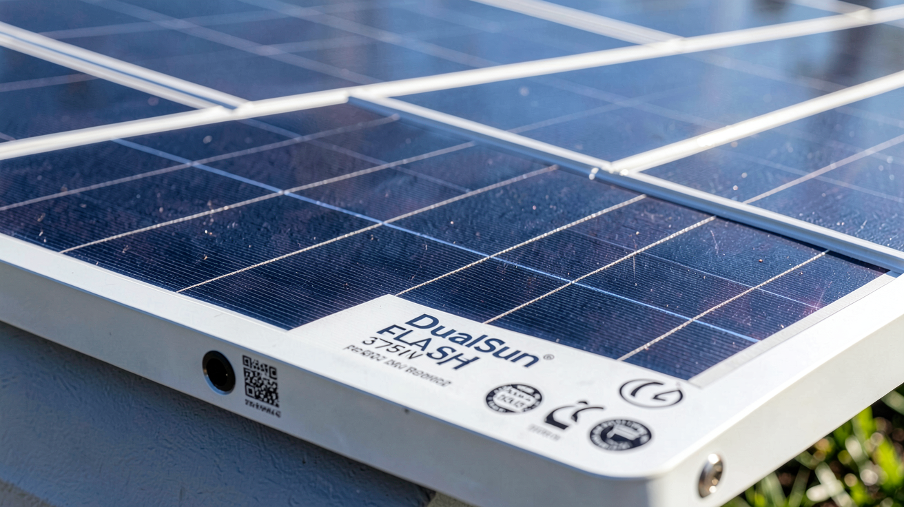 panneau solaire dualsun 375w montrant les cellules, le rendement et les certifications techniques en détail
