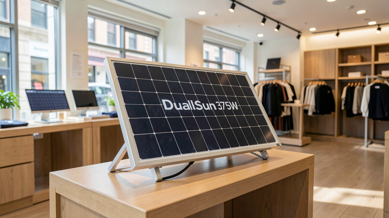 panneau solaire dualsun 375w exposé sur le présentoir d'un magasin spécialisé, prêt à être acheté