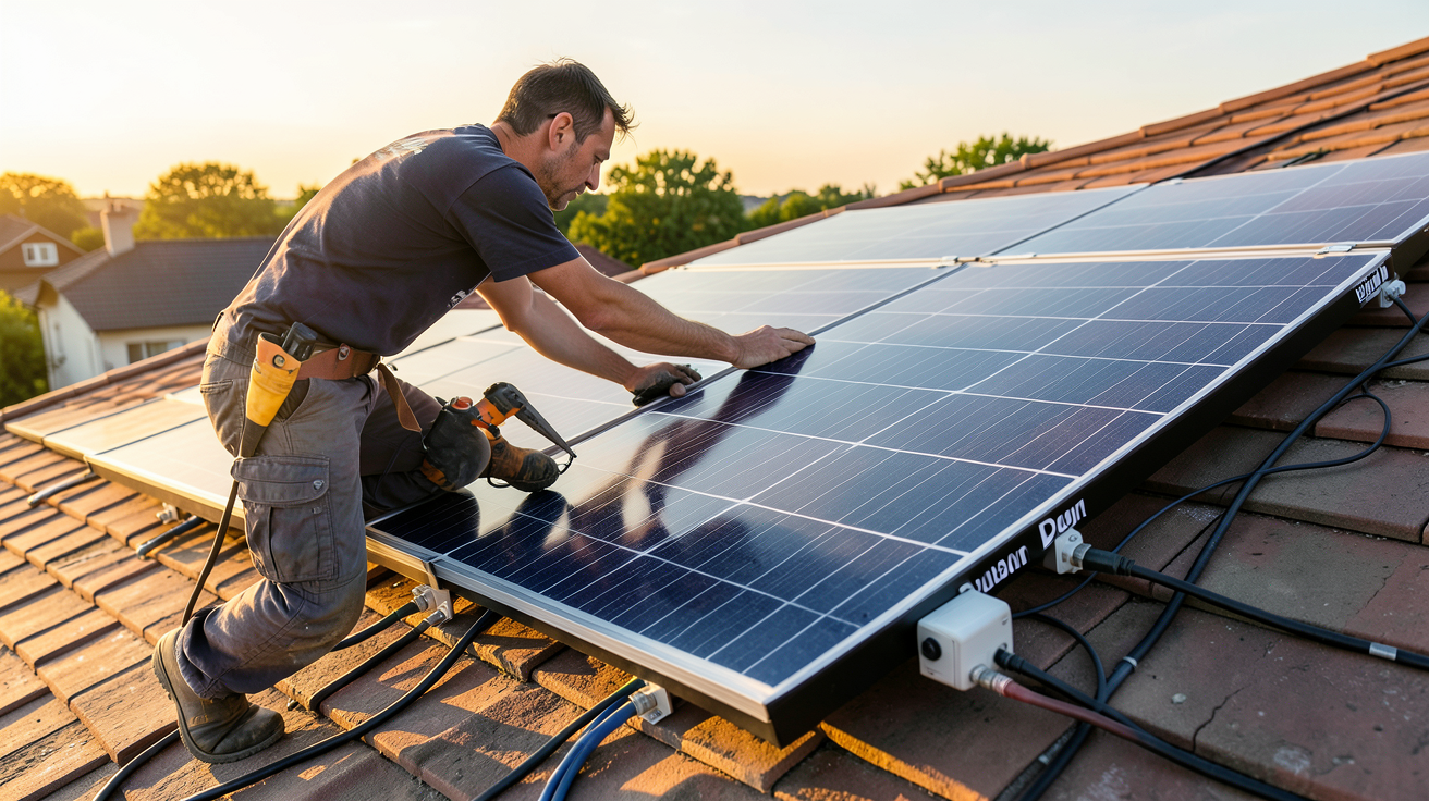panneau solaire DualSun en cours d'installation sur un toit résidentiel par un technicien
