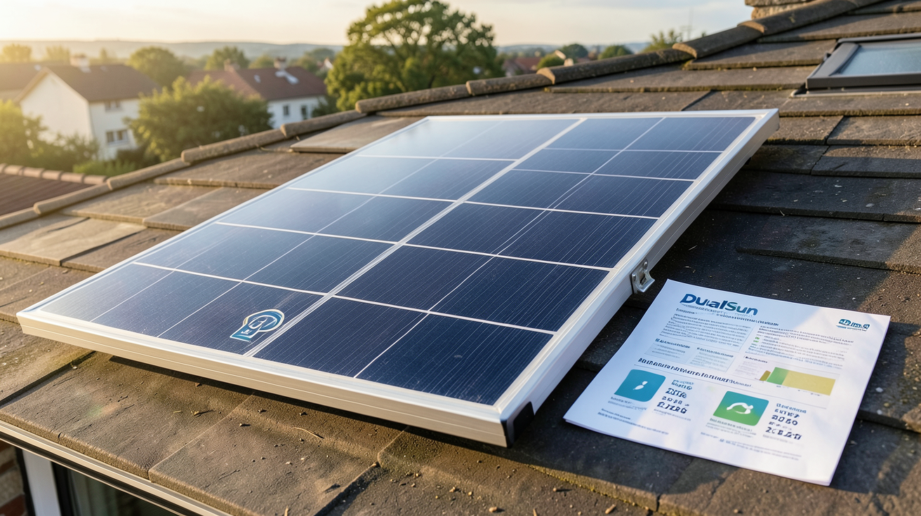panneau solaire DualSun avec documents d'économies et aides financières 2026 posés à côté