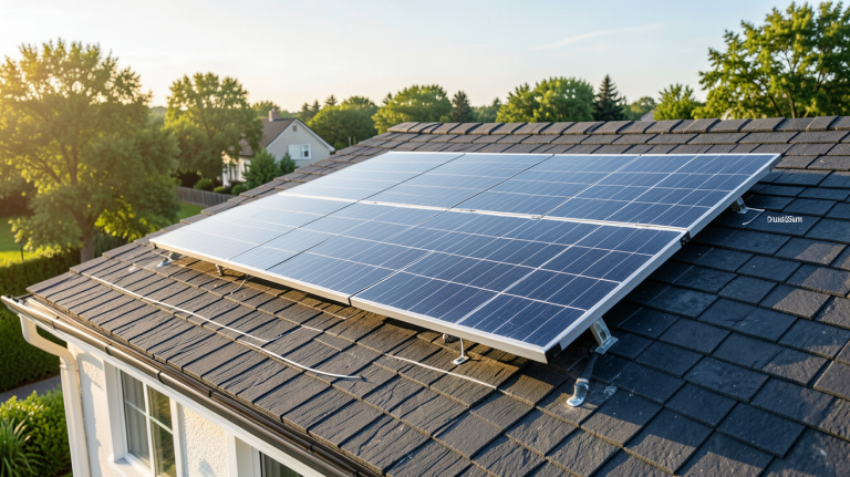 panneau solaire DualSun installé sur le toit d'une maison avec vue sur le ciel bleu