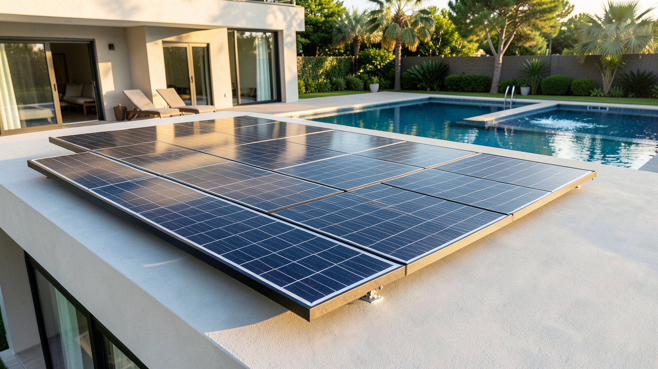 panneau solaire DualSun installé sur le toit d'une maison avec piscine, application concrète pour chauffage et électricité