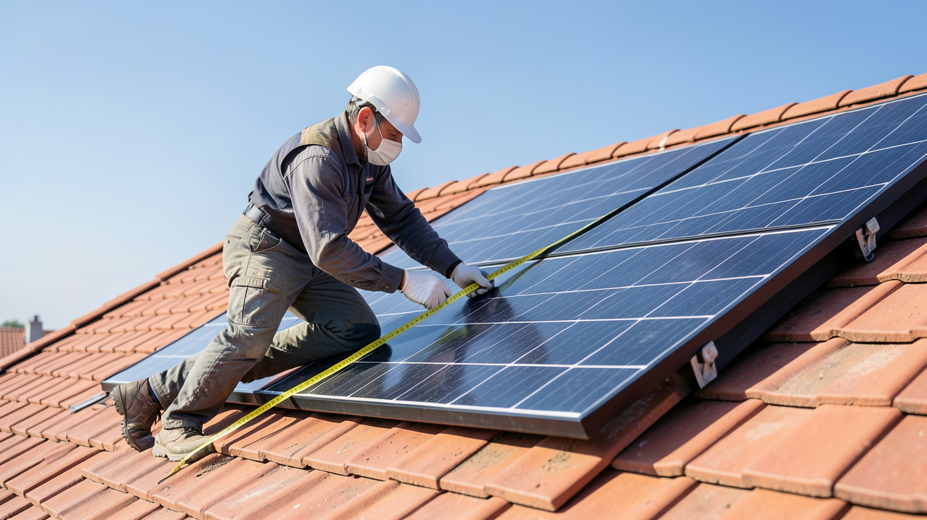 panneau solaire eau chaude : installateur mesurant la surface nécessaire sur un toit pour dimensionner une installation